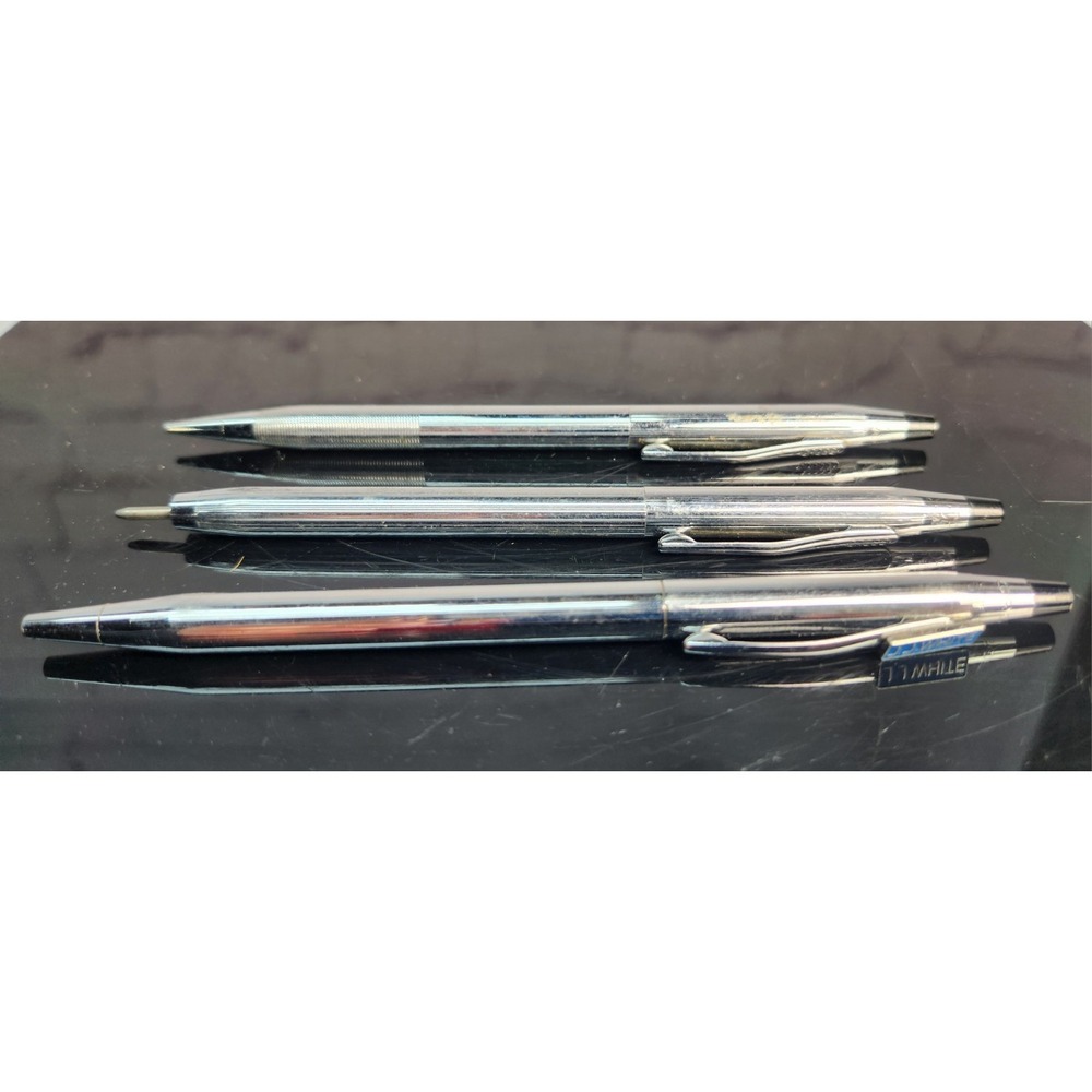 2 Vintage Cross Classic Silver Chrome Ballpoint Pens & 1 Cross Mechanical Pencil